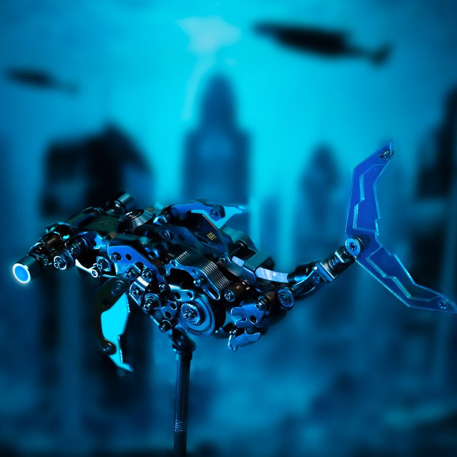 Mechanical shark model with blue lighting against a blurred cityscape background