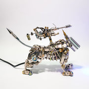 Mechanical sculpture of a panther made from various mechanical parts on a white background