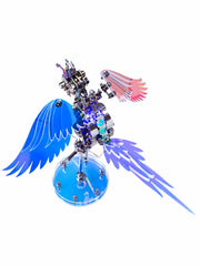 Mechanical dragon model with blue wings and pink accents on a white background
