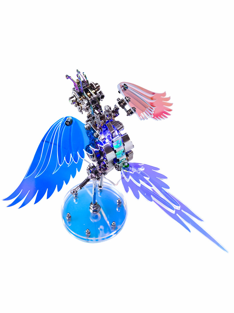 Mechanical dragon model with blue wings and pink accents on a white background
