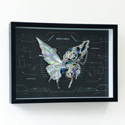 Framed artwork of a butterfly with mechanical elements on a dark background