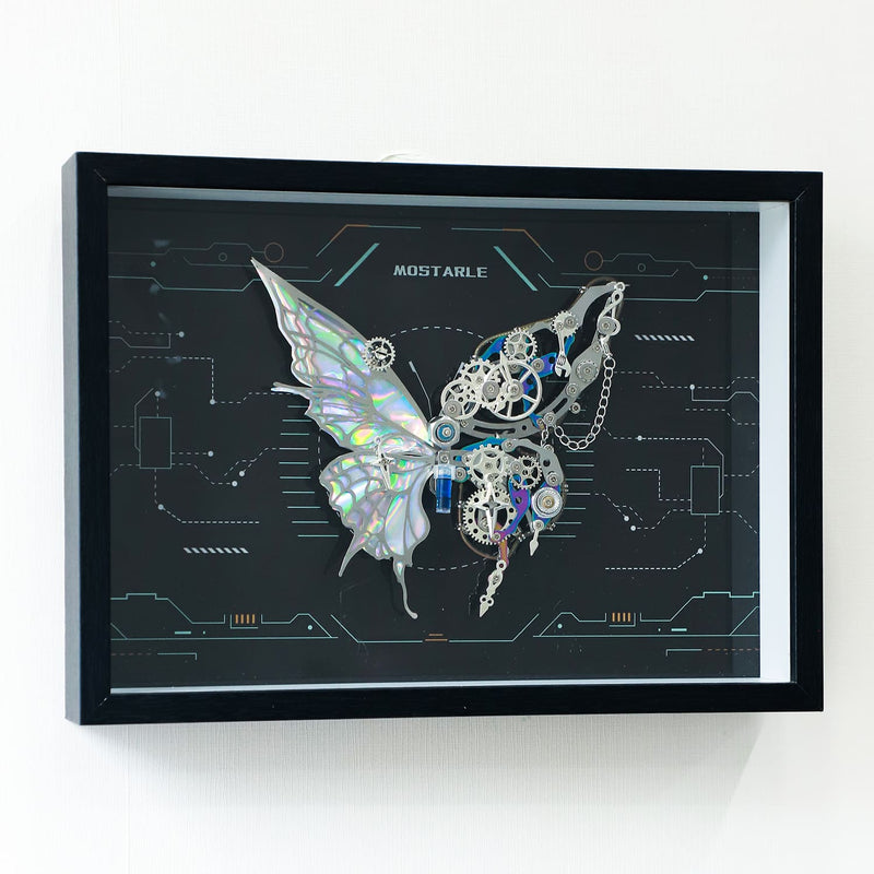 Framed artwork of a butterfly with mechanical elements on a dark background