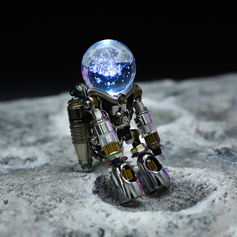 Robot holding a glowing crystal ball on a moon-like surface