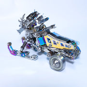 Metallic robot dog model on a light blue background