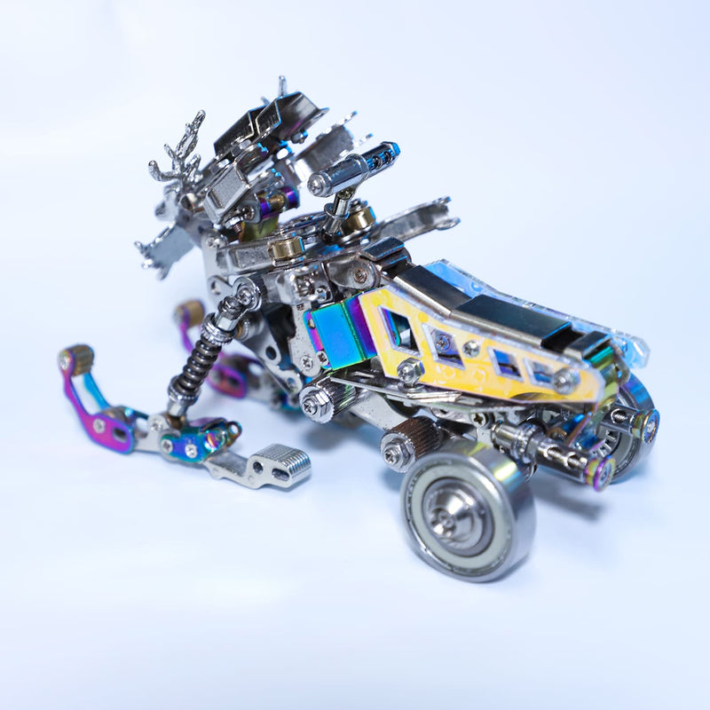 Metallic robot dog model on a light blue background