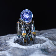 Robot with a crystal ball on a moon-like surface