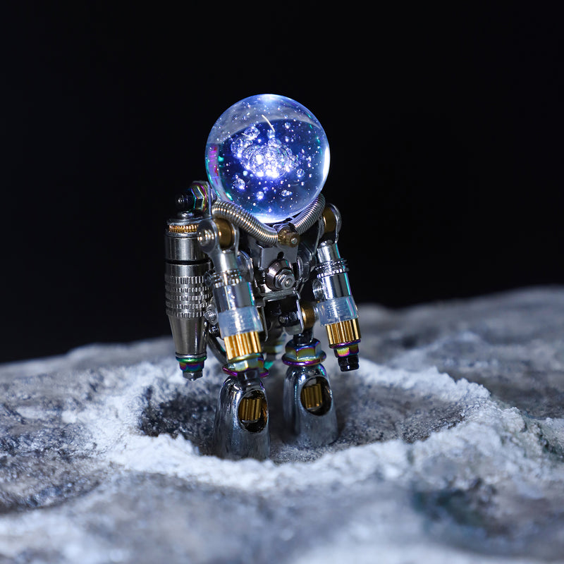 Robot with a crystal ball on a moon-like surface