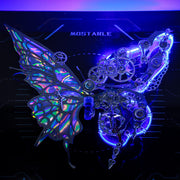 Metallic butterfly with mechanical design on a dark background