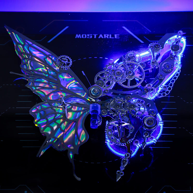 Metallic butterfly with mechanical design on a dark background