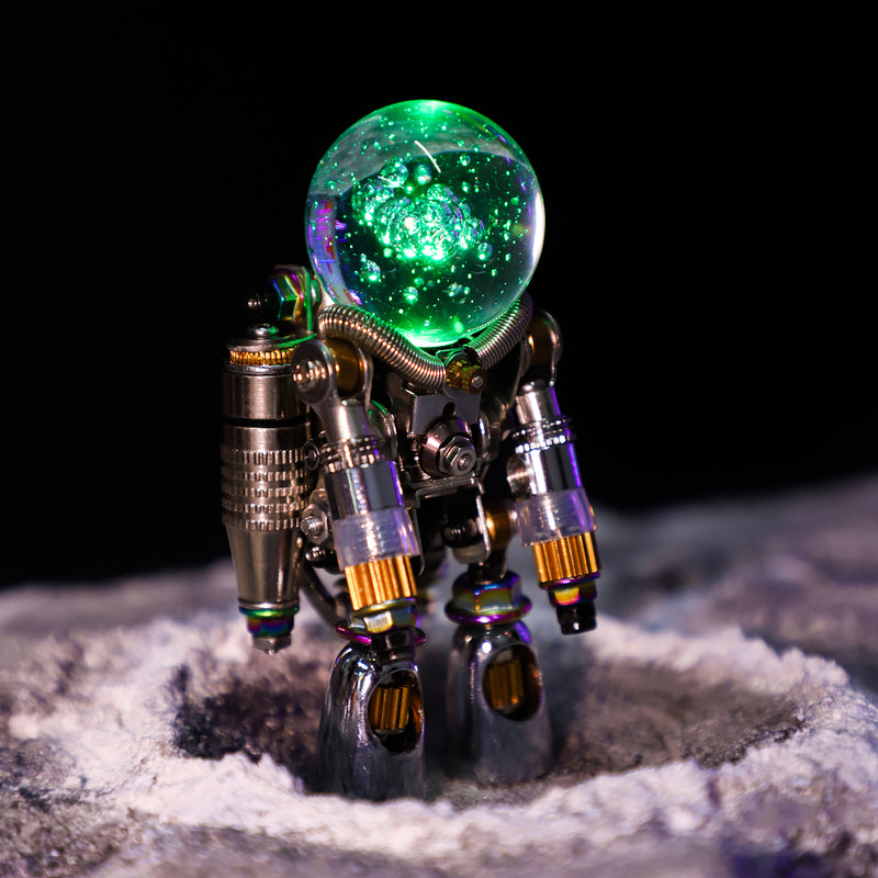 Robot with a glowing green sphere on a dark background