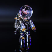Metallic robot figure with a crystal ball on a reflective surface