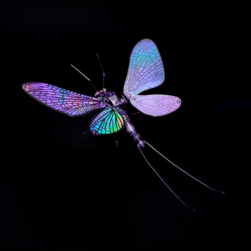 Colorful dragonfly-shaped object on a black background