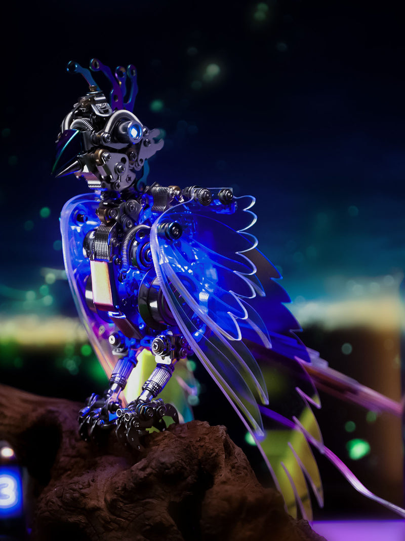 Artificial bird with mechanical elements on a dark background