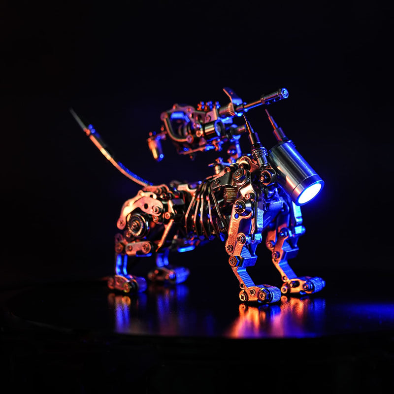 Mechanical animal sculpture with glowing blue lights on a dark background