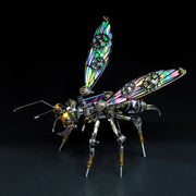 Metallic insect sculpture with iridescent wings on a dark background