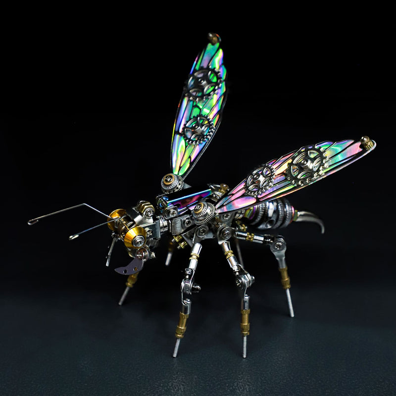 Metallic insect sculpture with iridescent wings on a dark background