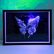 Framed artwork of a butterfly with mechanical elements on a dark background with glowing blue and purple hues.