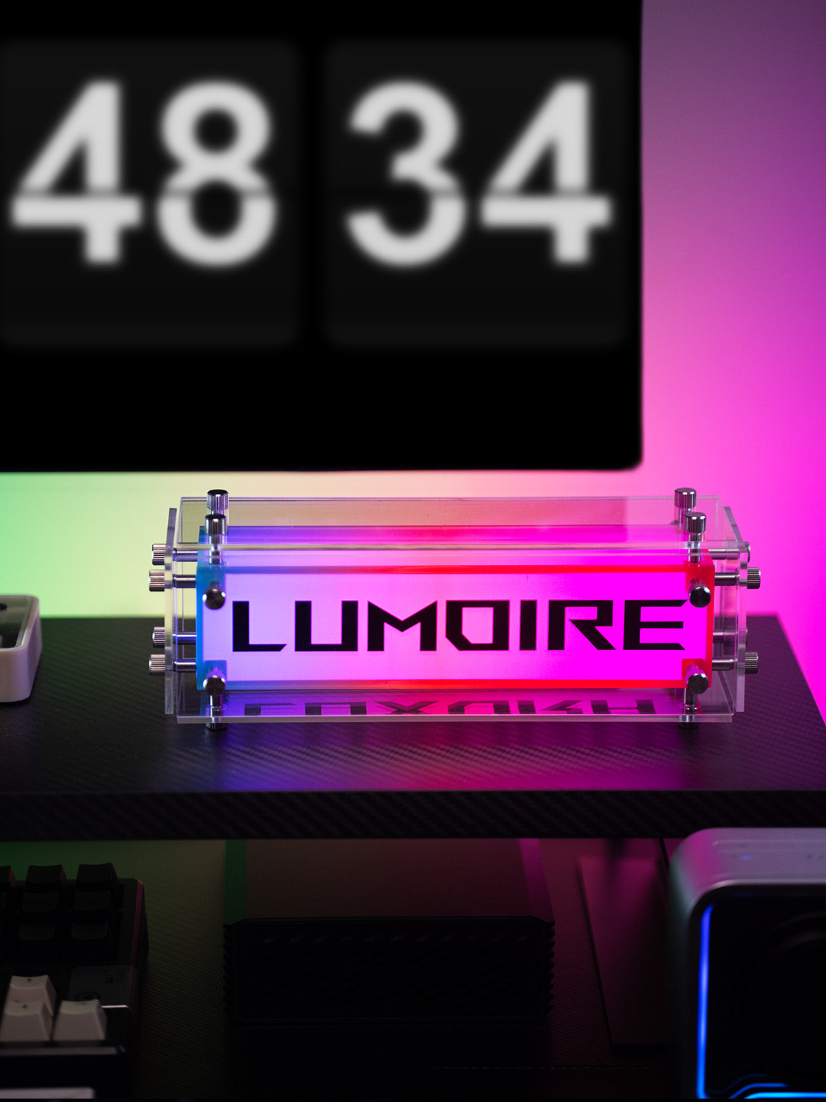 Lumoire product with colorful display and numbers 48 and 34 in the background