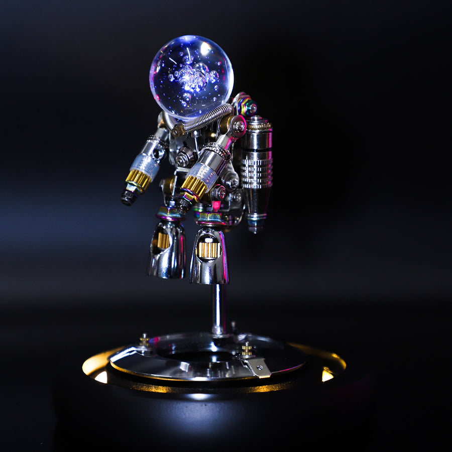 Metallic robot figure with a glowing crystal ball on a dark background