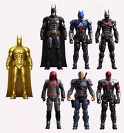 Collection of superhero action figures in various costumes on a white background