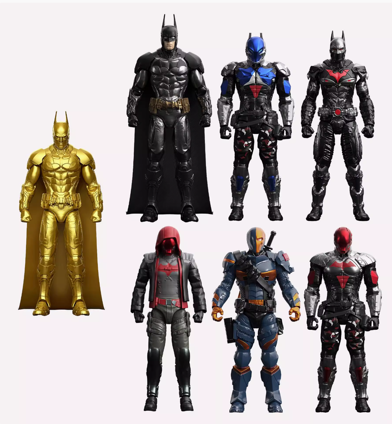 Collection of superhero action figures in various costumes on a white background