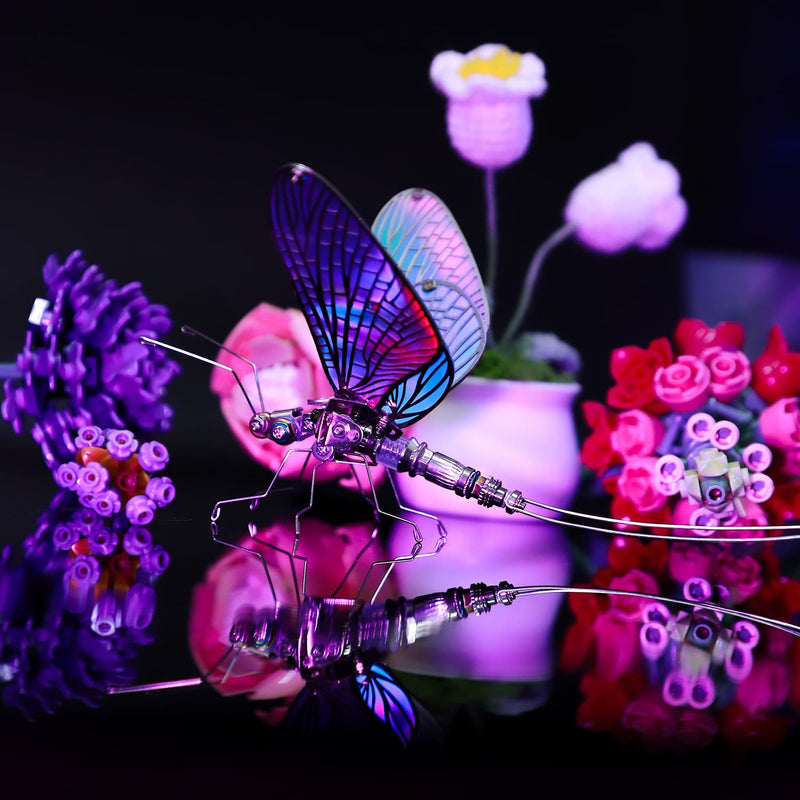 Colorful butterfly-shaped LED light with flowers in the background