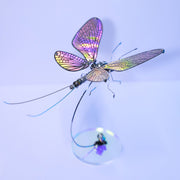 Colorful fly fishing lure with iridescent wings on a light blue background