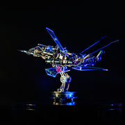 Mechanical insect figure with glowing blue and purple lights on a black background