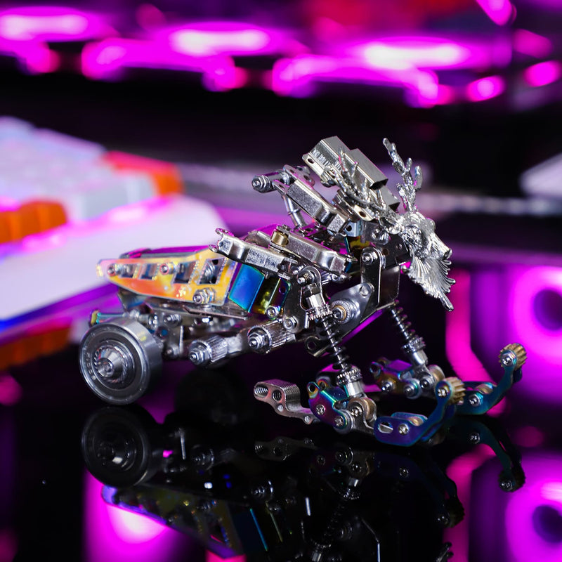 Metallic robot toy on a reflective surface with a colorful, blurred background