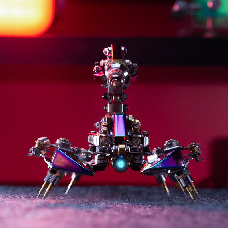 Colorful robot toy on a dark surface with a blurred red background