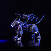Mechanical lion sculpture with blue lighting on a black background
