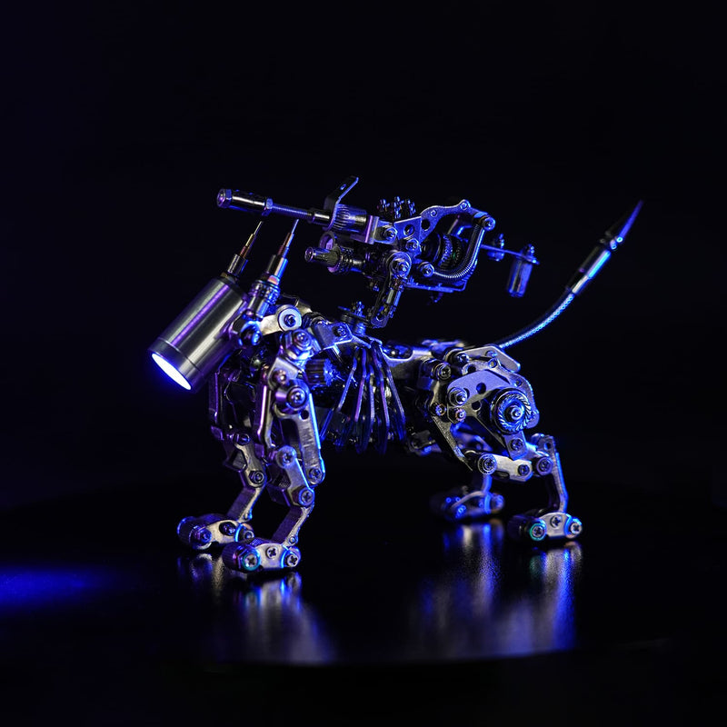 Mechanical lion sculpture with blue lighting on a black background