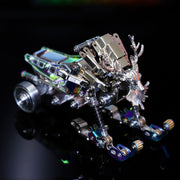 Metallic robot insect model on a reflective surface with a dark background