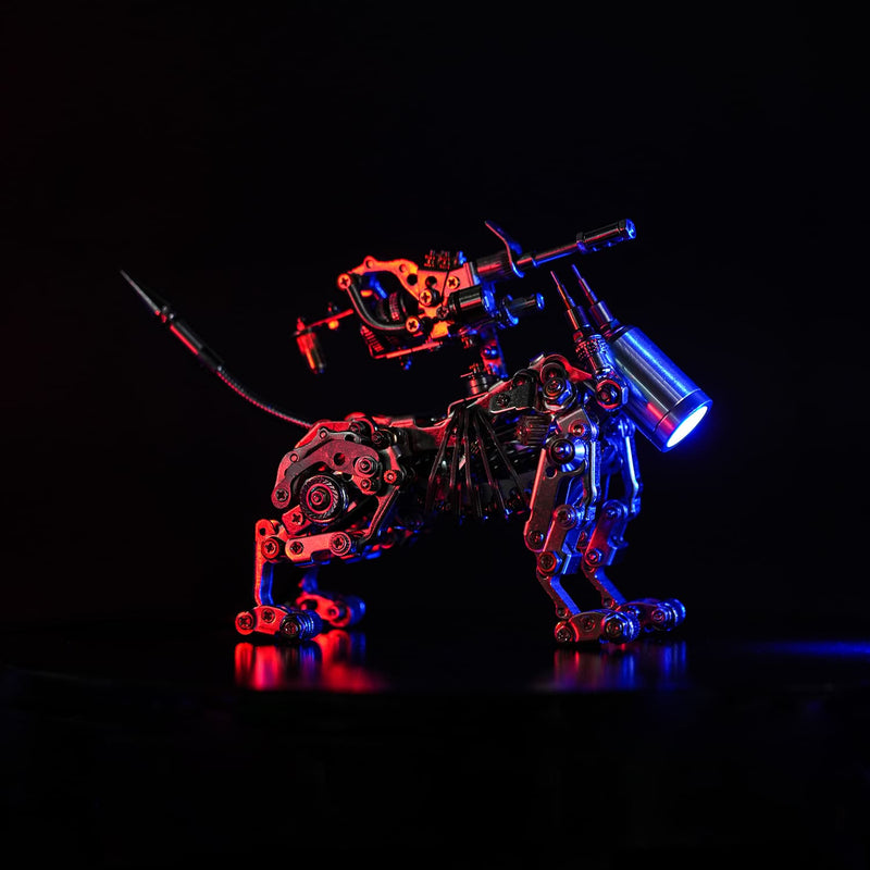 Mechanical model of a robot with red and blue lighting on a black background