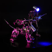 Mechanical robot figure with glowing blue light on a black background