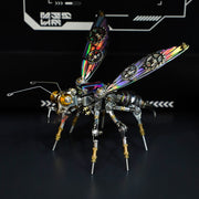 Metallic insect sculpture with mechanical design on a dark background