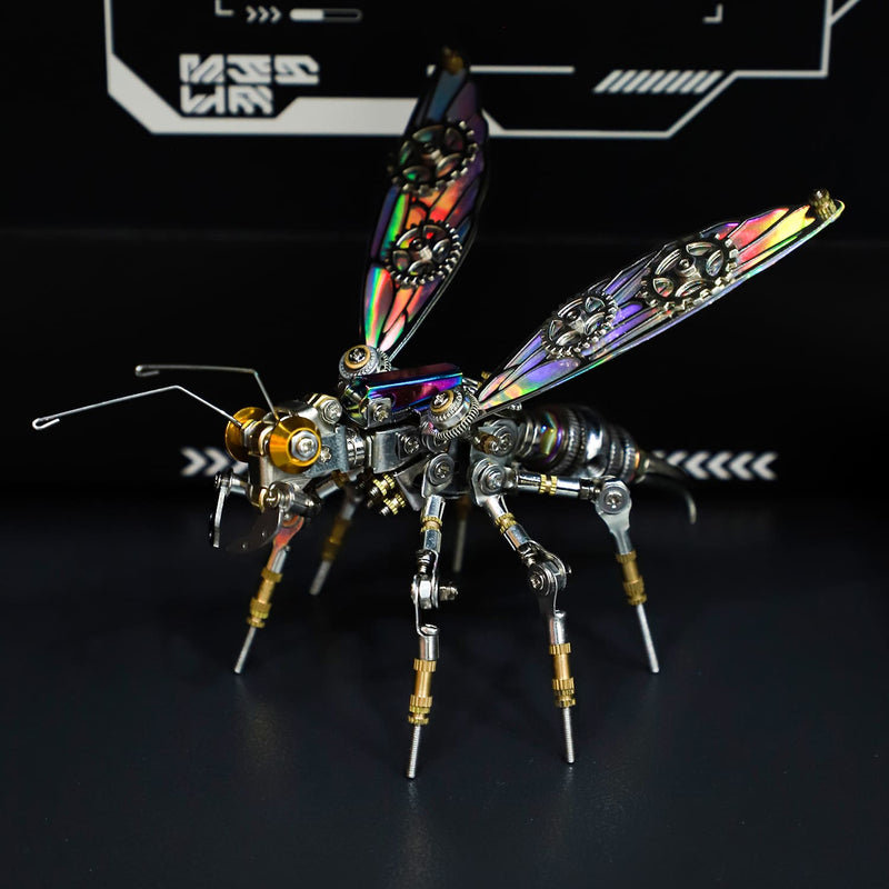 Metallic insect sculpture with mechanical design on a dark background