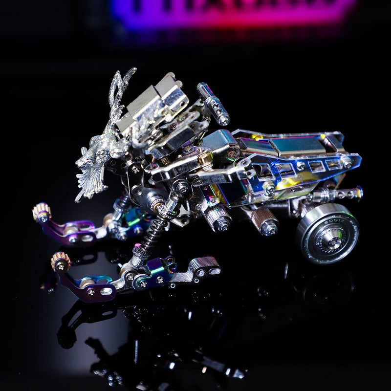 Metallic dragon sculpture with mechanical elements on a reflective surface