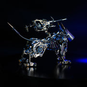 Mechanical lion sculpture with intricate details on a dark background