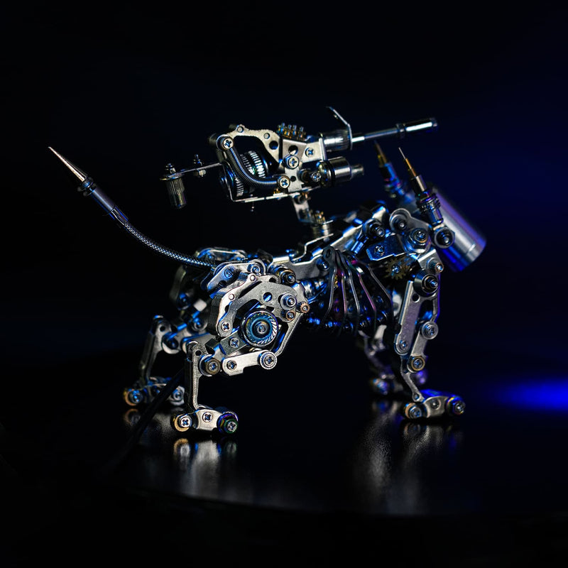 Mechanical lion sculpture with intricate details on a dark background