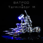 Mechanical arm model with glowing blue light on a black background, featuring 'BATPOD x Terminator M' text.
