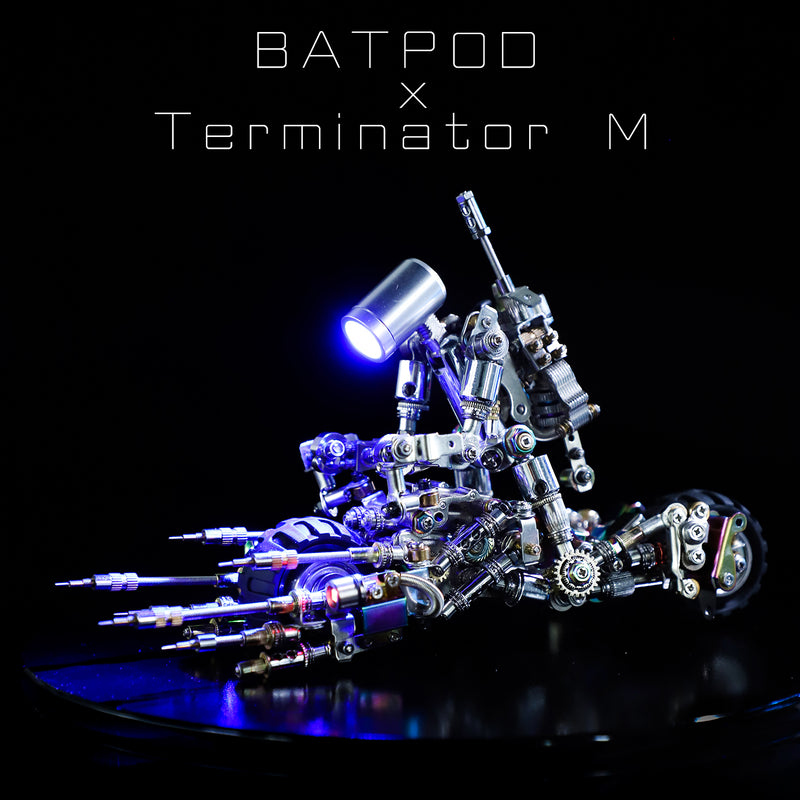 Mechanical arm model with glowing blue light on a black background, featuring 'BATPOD x Terminator M' text.