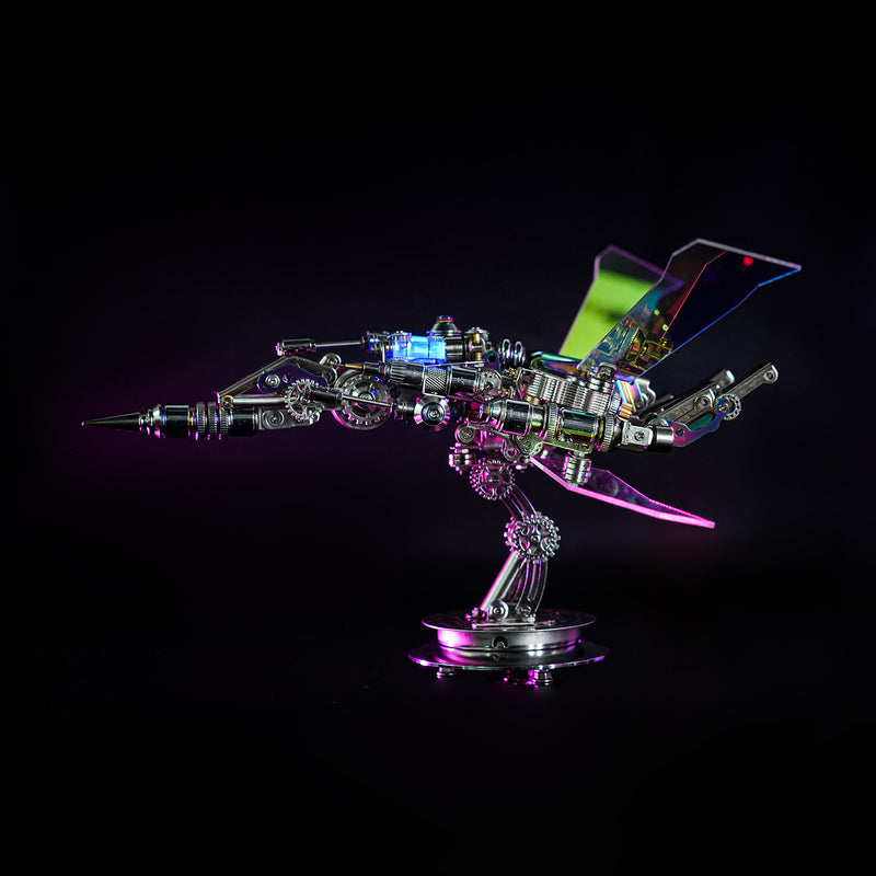 Colorful mechanical dragon sculpture on a black background