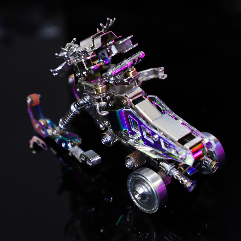 Metallic dragon sculpture with a reflective surface on a black background