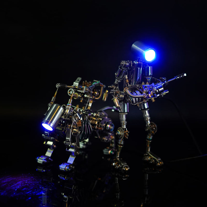 Metallic robot sculpture with blue lights on a dark background