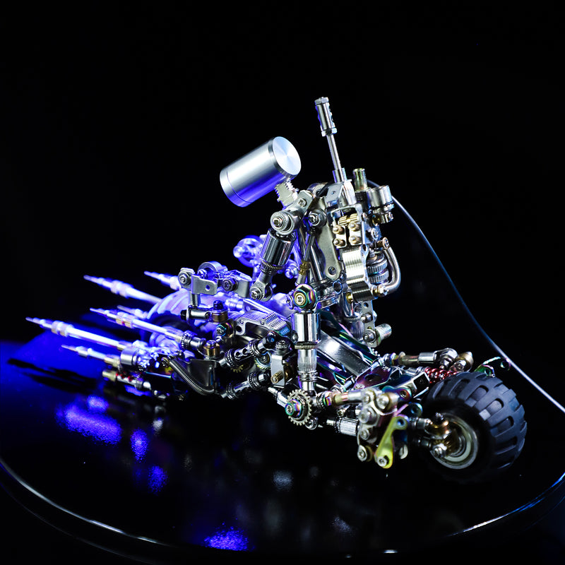 Metallic robot toy on a reflective surface with dark background