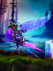 Mechanical creature with wings and glowing elements in a fantasy forest setting
