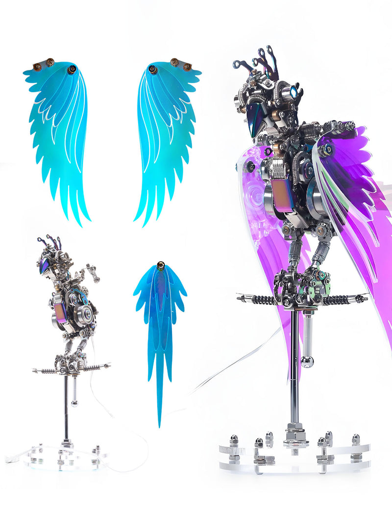 Metallic robot with blue and purple wings on a white background