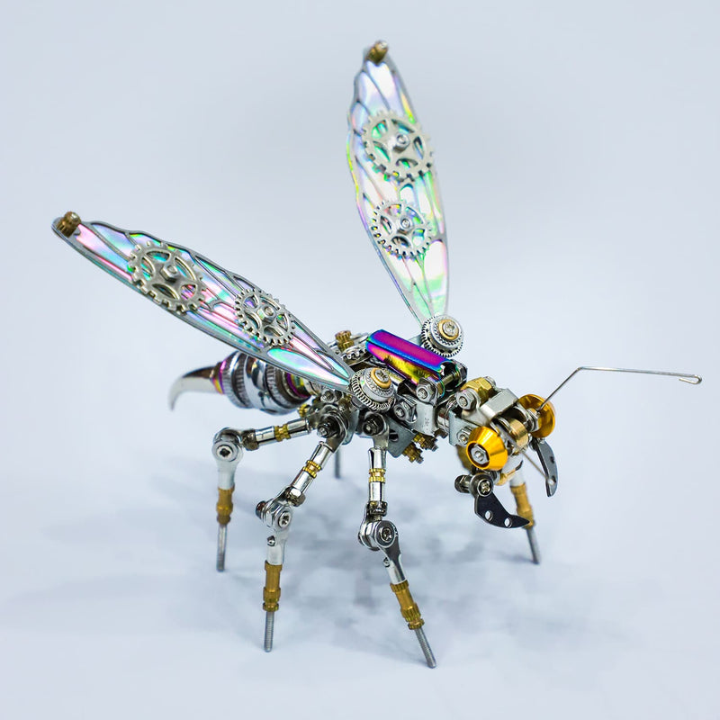 Mechanical insect model with colorful wings on a light gray background
