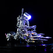Mechanical model with glowing blue light on a dark background